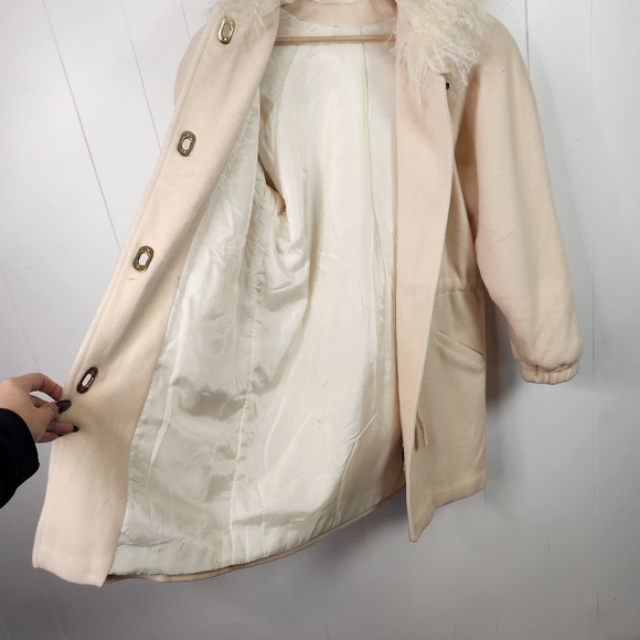 Vintage Cream White Wool Coat Jacket Fuzzy Collar Pockets Hood Lined 1990s 90s - Picture 7 of 13